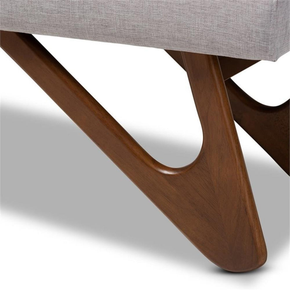 Baxton Studio Rika Greyish Beige Upholstered Walnut Brown Boomerang Bench