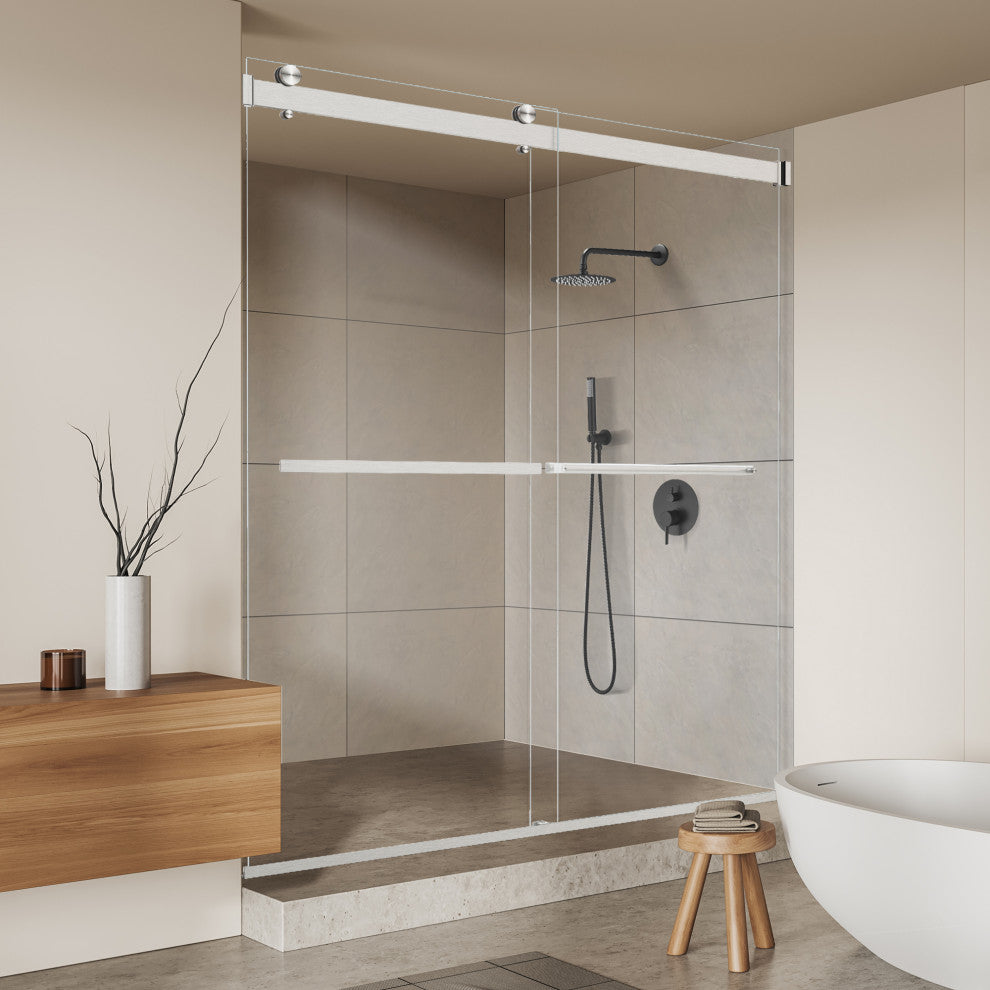 Marcelo By Pass Frameless Shower Door, Clear Glass, Brushed Nickel, 64"wx76"h