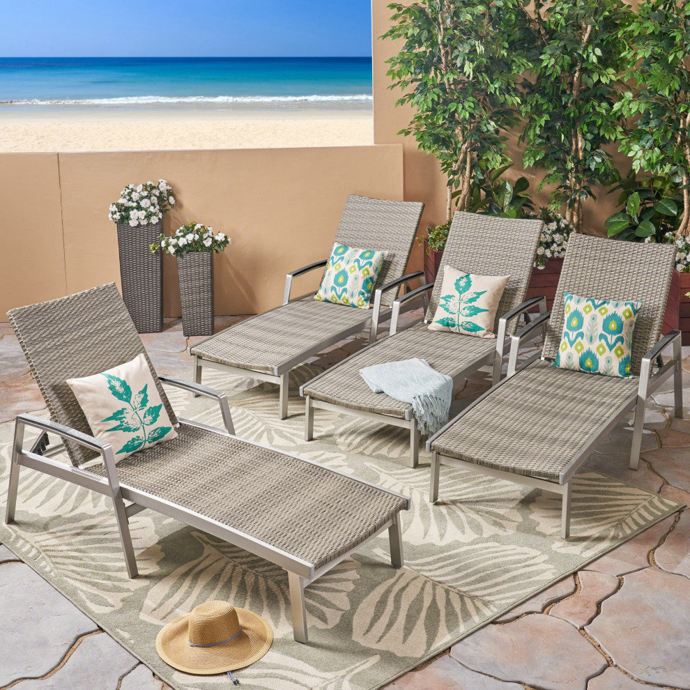 GDF Studio Stanley Outdoor Wicker and Aluminum Chaise Lounges, Set of 4