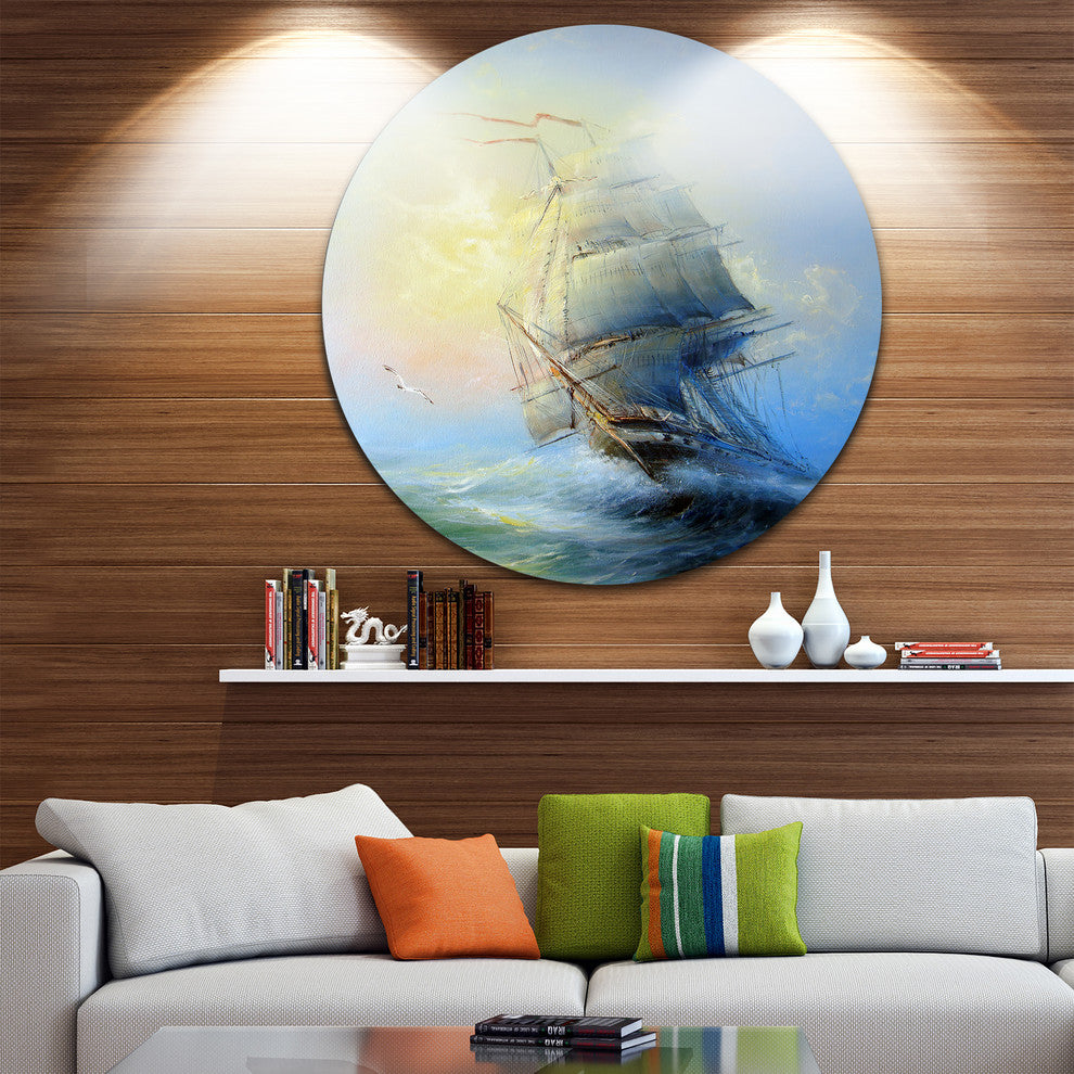 Sailing Boat, Seascape Painting Round Metal Wall Art, 11"