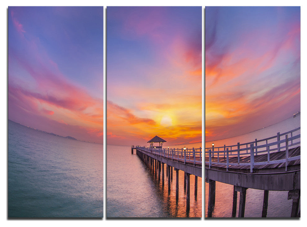 "Wooden Bridge Long Into the Ocean" Sea Pier Metal Wall Art, 3 Panels, 36"x28"