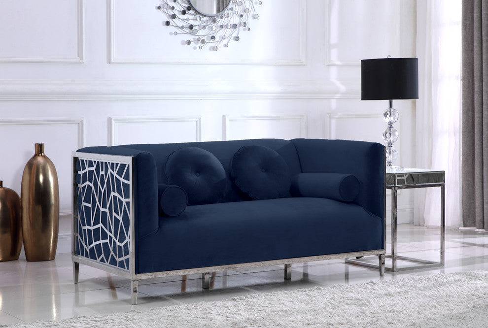 Opal Velvet Upholstered Loveseat, Navy