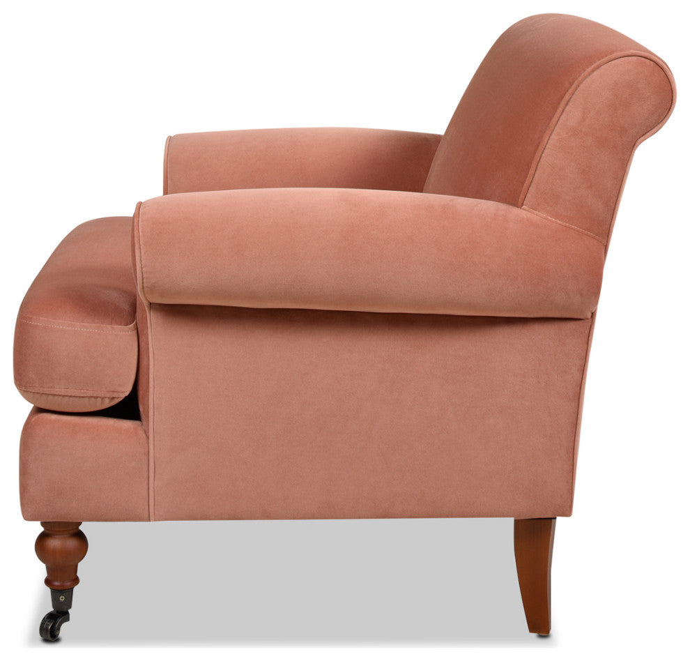 Alana 38" Lawson Accent Arm Chair, Metal Casters, Peach Orange Velvet