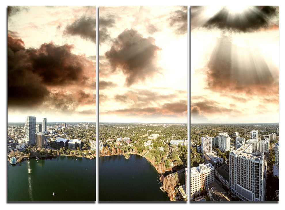 "Downtown Orlando Sunset Aerial" Metal Wall Art, 3 Panels, 36"x28"