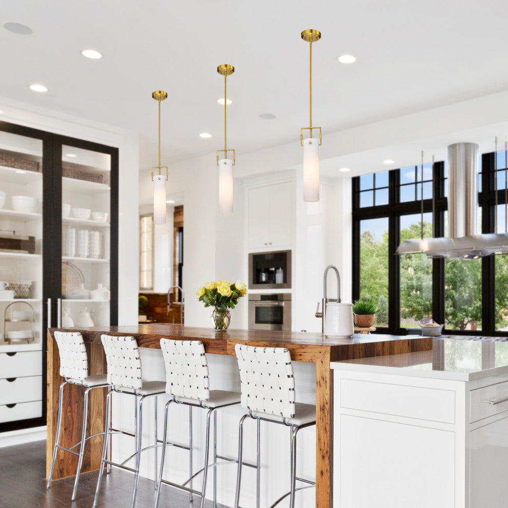 1-Light Gold Mini Pendant With White Cylindrical Glass Shade