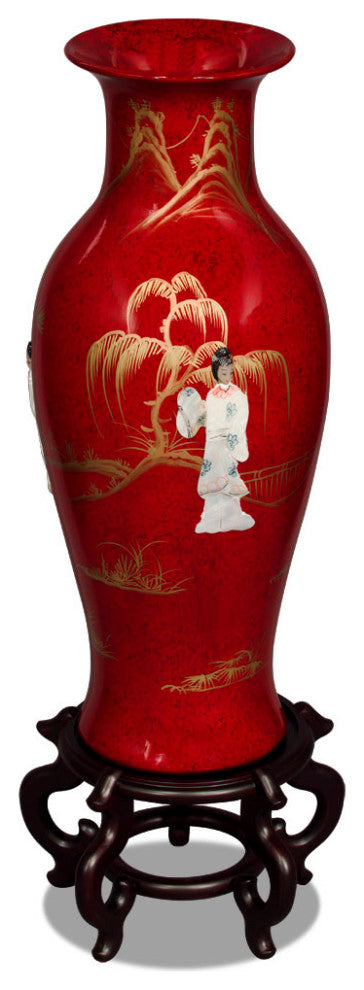 Chinese Porcelain Vase With Mother of Pearl Figures on Black Lacquer, Red
