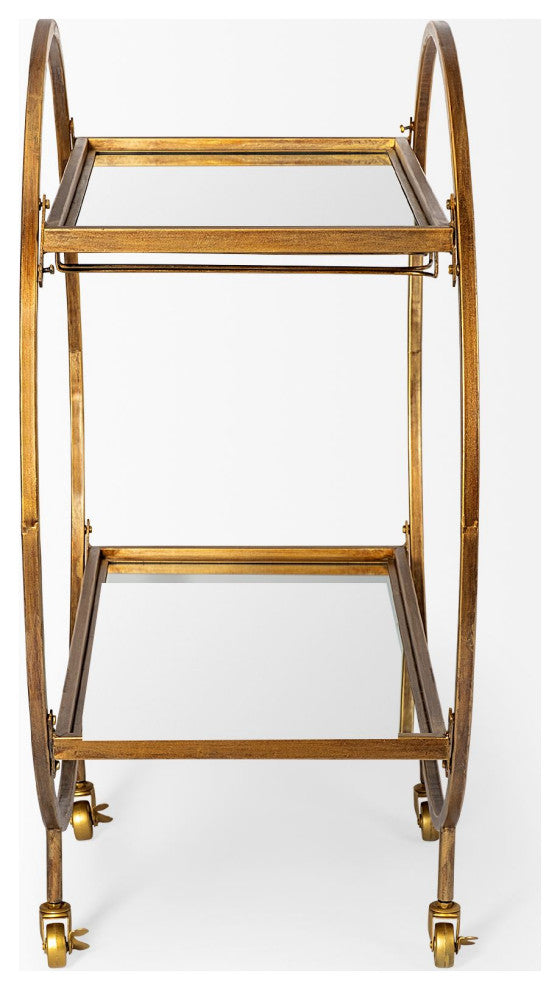 Carola Gold Frame Two-Tier Glass Shelves w/ Stemware Holder Bar Cart