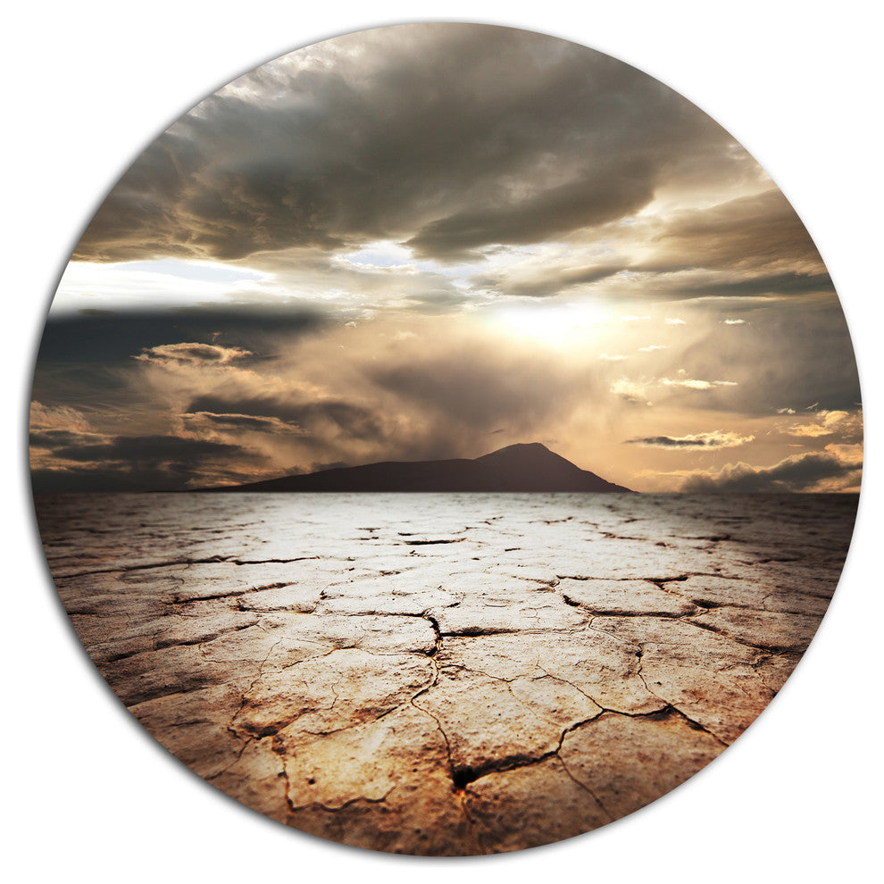 Drought Land With Cloudy Sunset, Landscape Disc Metal Artwork, 36"