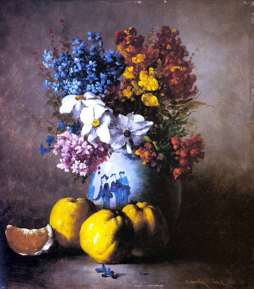 Germain Clement Ribot a Still Life with a Vase of Flowers and Fruit
