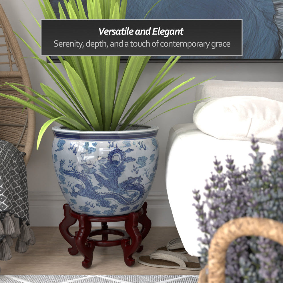 16" Dragon Blue and White Porcelain Fishbowl