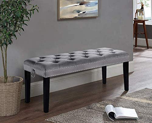 Contemporary Dining Bench, Tapered Legs and Tufted Seat With Nailhead Trim, Gray