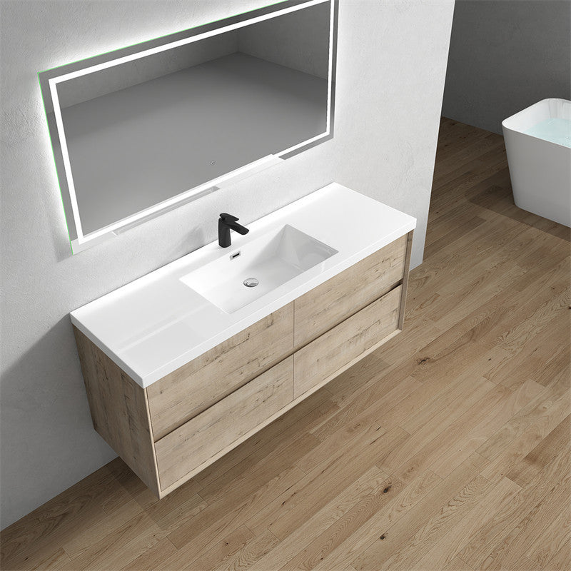 SLIM Light White Oak Wall Mount Vanity, Reinforced Acrylic Sink, 60" Single