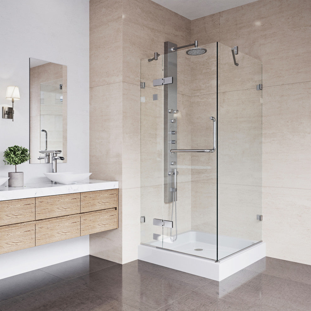 VIGO Monteray 32''D x 32"W x 79"H Frameless Hinged Shower Enclosure, Chrome, With Base