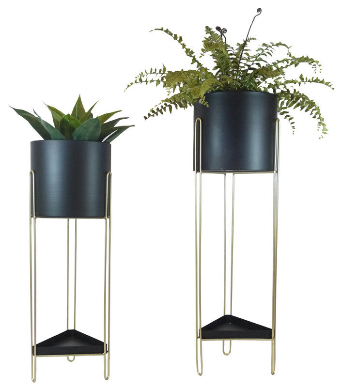 Black Gold Cylinde Plant Pot, Stand, Set of 2