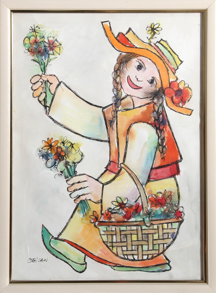 Jovan Obican "Woman With Flowers" Watercolor Painting