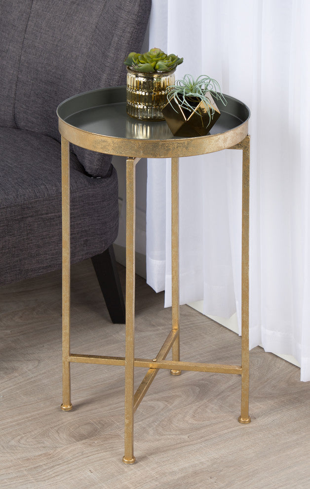 Kate and Laurel Celia Round Metal Foldable Tray Accent Table, Gold and Gray