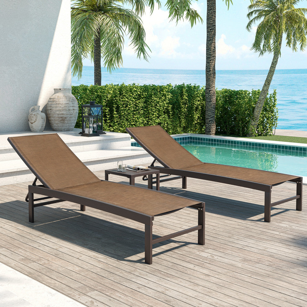 Patio Set Outdoor Aluminum Adjustable Chaise Lounge Chairs and Table Set, Brown