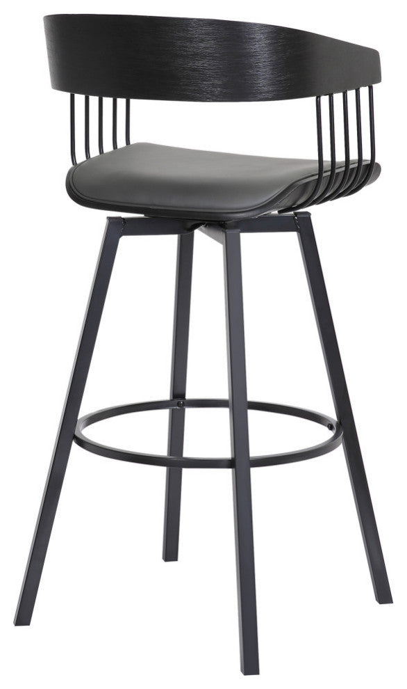 Athena Swivel Black Wood Counter Stool, Gray Faux Leather With Black Metal, 27"