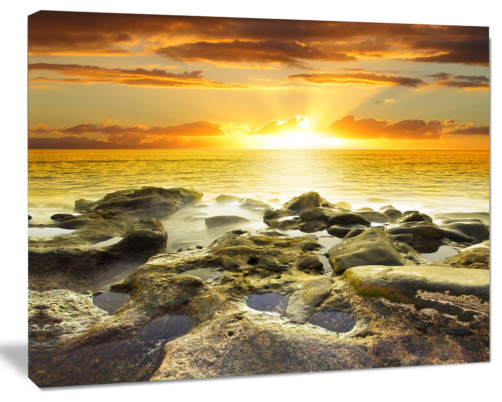 Beautiful Orange Sundown Beach, Seashore Canvas Art Print, 60"x28"