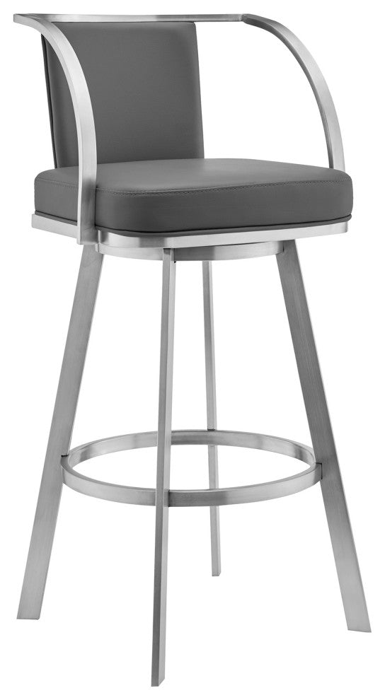 Livingston Gray Faux Leather and Brushed Stainless Steel Swivel Bar Stool, 30"