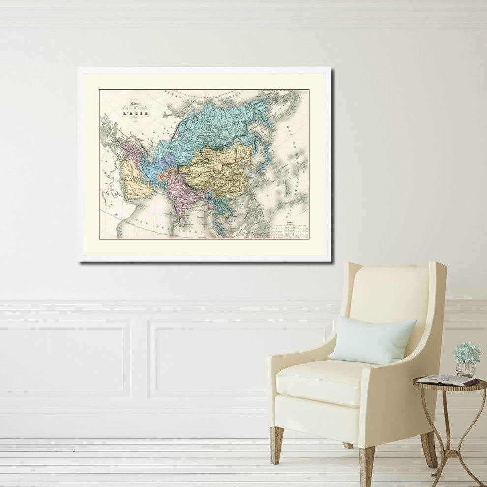 Asia Vintage Old Map Print On Canvas With Picture Frame 28" X 37"