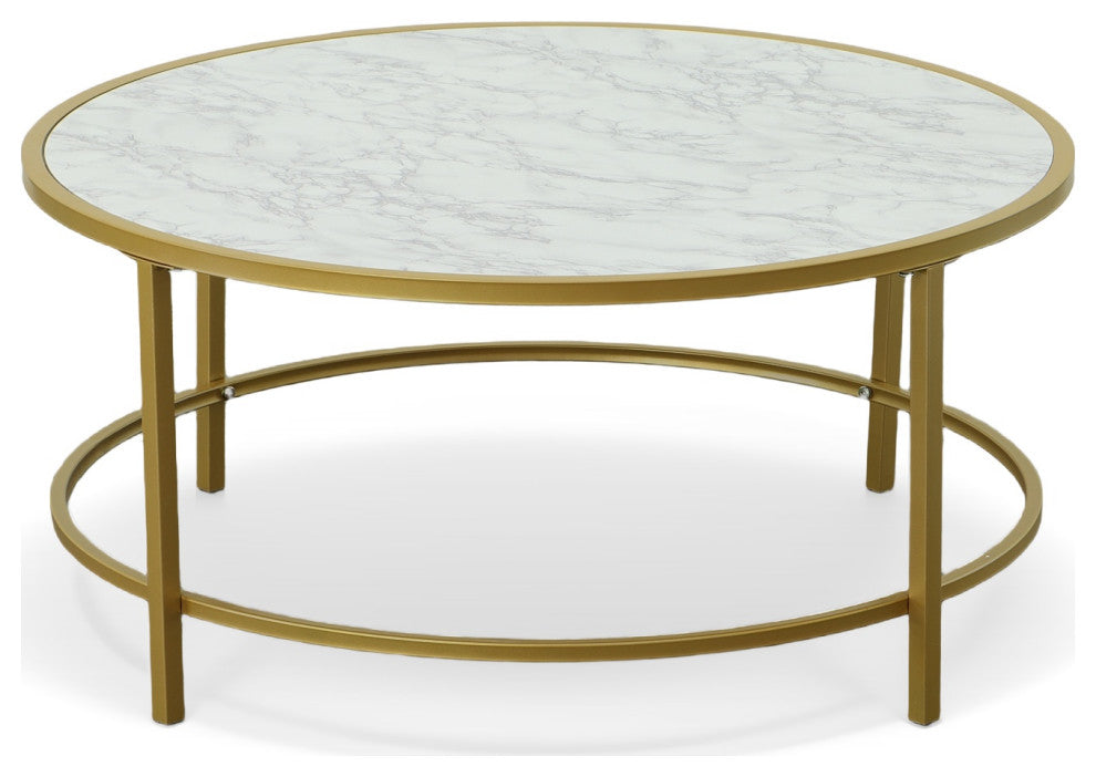 Verazano Faux Marble Top 36" Round Coffee Table, Gold