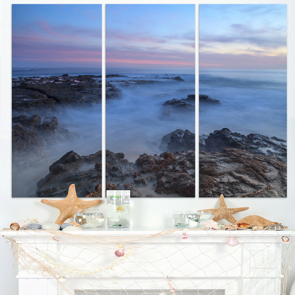 "Long Exposure at Sunset Over Rocks" Beach Metal Wall Art, 3 Panels, 36"x28"