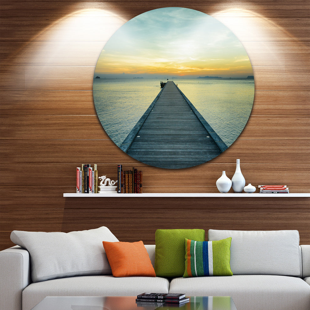 Wood Pier Into The Yellow Blue Sea, Bridge Circle Metal Wall Art, 11"