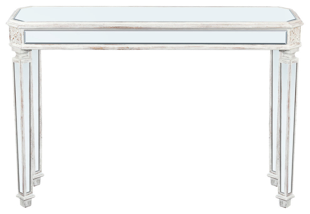 GDF Studio 48" Vintage Mirror Console Table With Wood Grain Carving, Oak/Silver