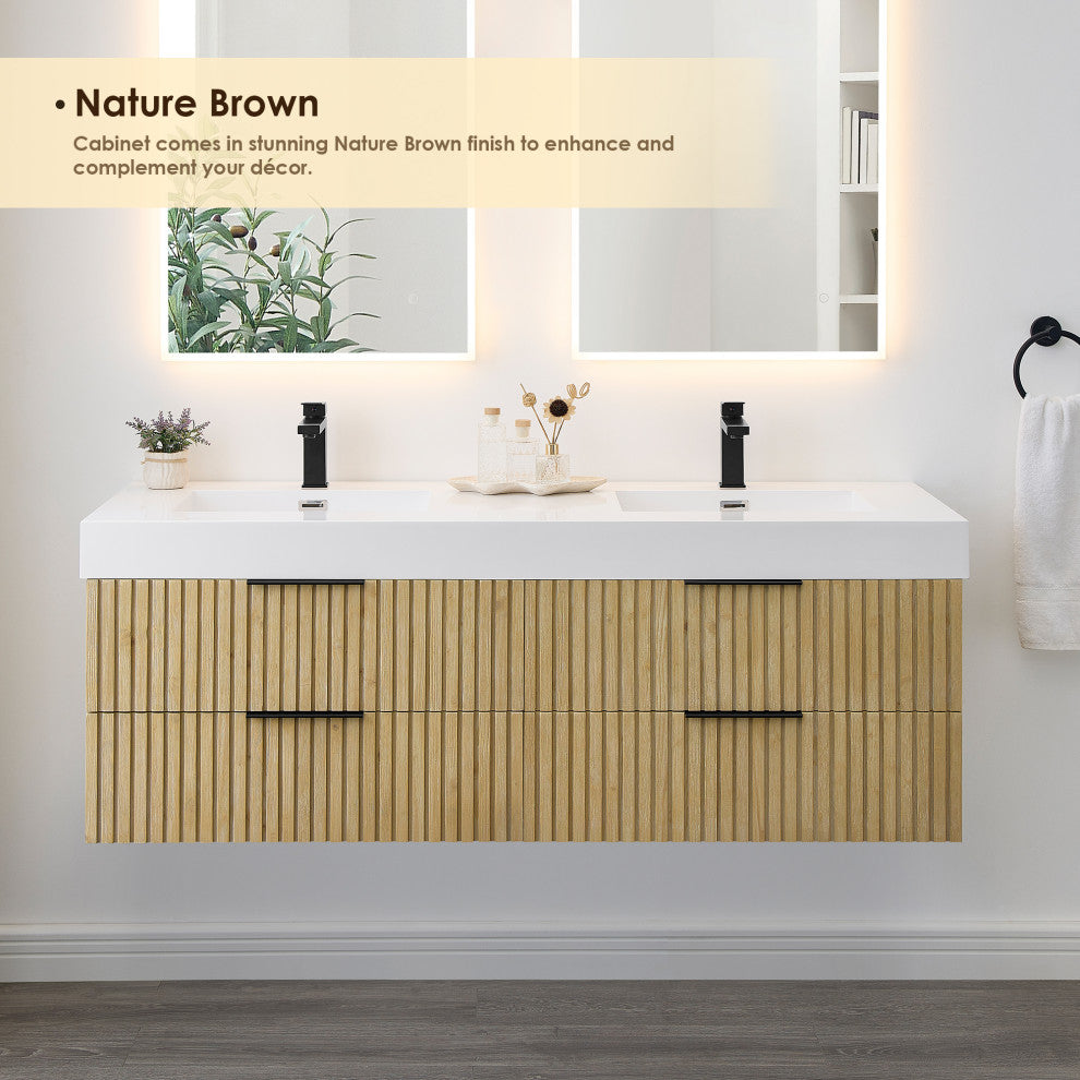 Livia Wall-mounted Bathroom Vanity, Nature Brown, 60inch, No Mirror
