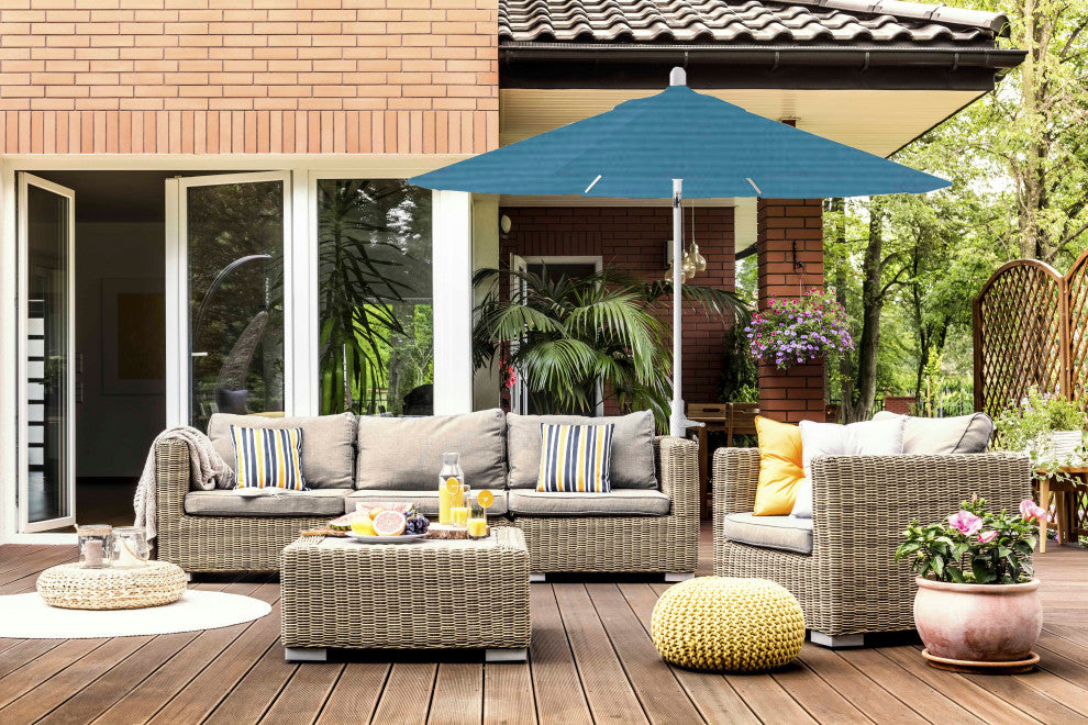 9' Round 360 Rotating Auto Tilt Umbrella, White, Sunbrella, Sapphire Blue