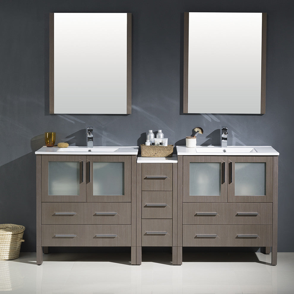 Torino 72" Gray Oak Modern Double Sink Bathroom Vanity, Faucet FFT3071BN