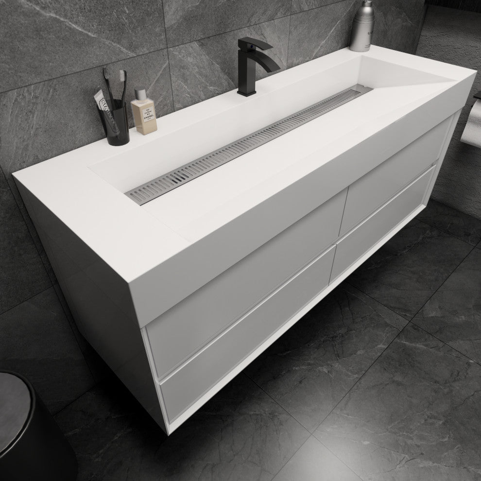 MAX 60" Single Floating Bath Vanity With Acrylic Sink, Gloss White