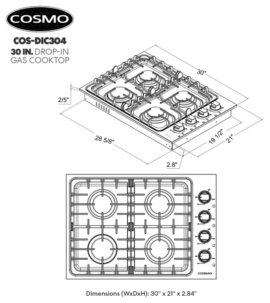 30 in. Luxury Gas Cooktop in Stainless Steel with 4 Italian Burners Easy Clean