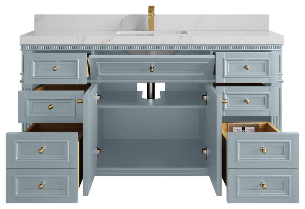 Paris 60" Single Sink Bathroom Vanity, Blue Heather 2" Calacatta Sienna