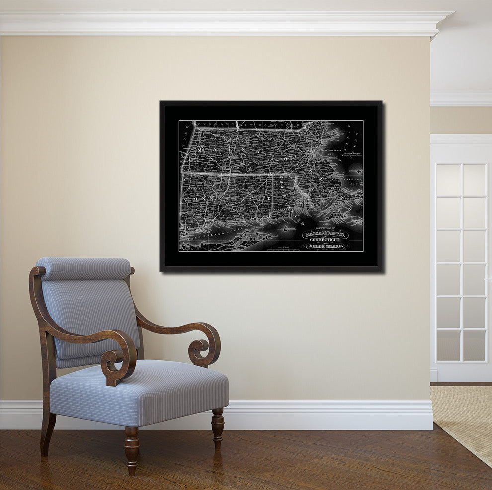 Massachusetts Connecticut Rhode Island Vintage Monochrome Map Canvas, 28"x37"
