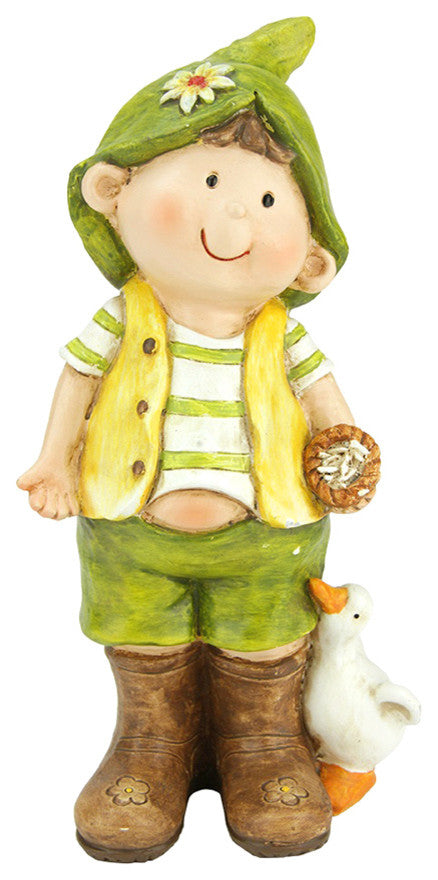 Young Boy Gnome Standing With Duck Spring Outdoor Garden Patio Figure, 9.75"