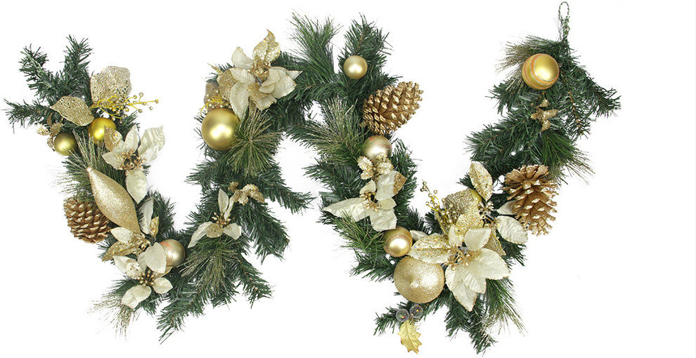 Pre-Decorated Gold Poinsettia Pine Cone and Pear Artificial Garland, 6'