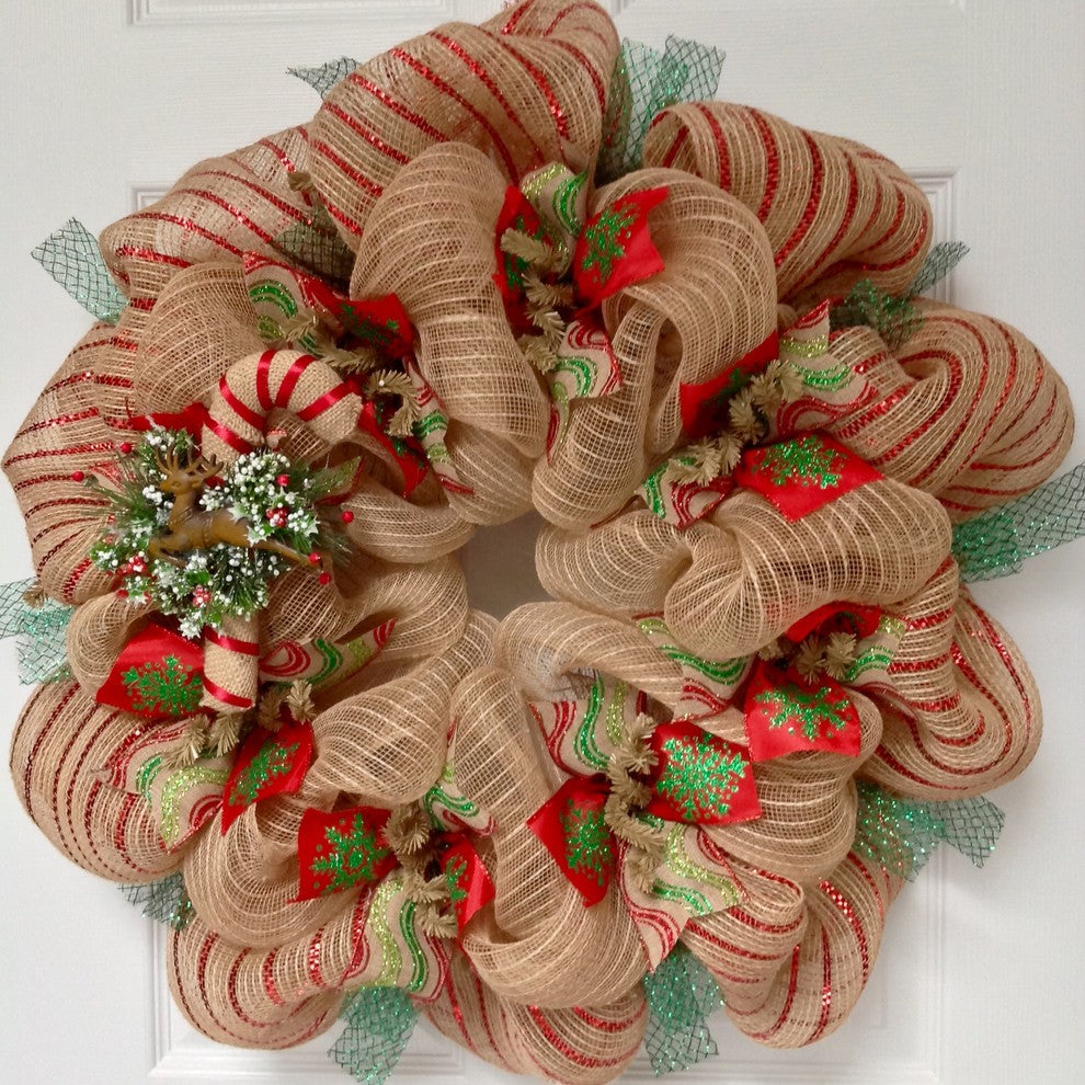 Burlap Candy Cane Deco Mesh Handmade Christmas Wreath