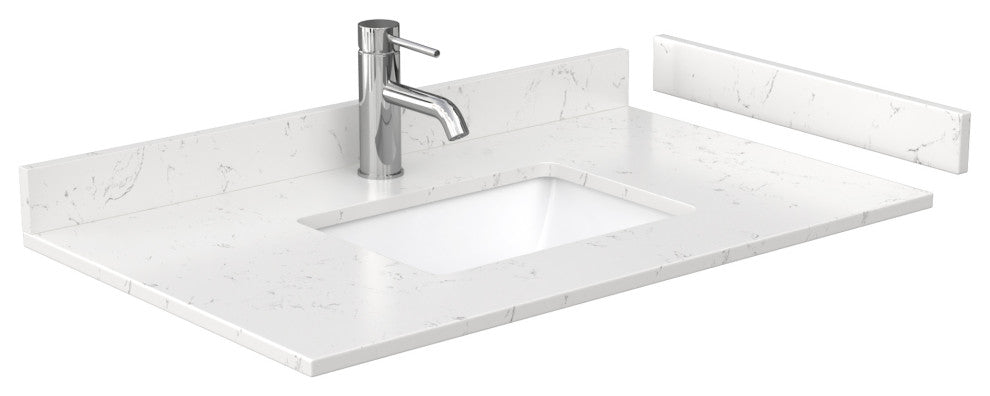 36"SGL Vanity White, LV Carrara Cult. Marble Top, Sink, Gold Trim, 34"Mirror