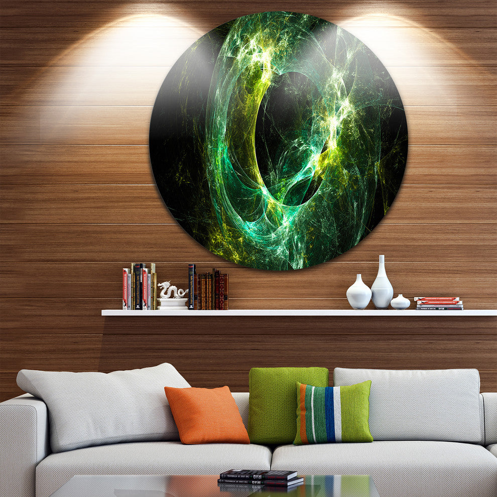 Green Sparkling Lightning, Abstract Digital Art Disc Metal Artwork, 38"