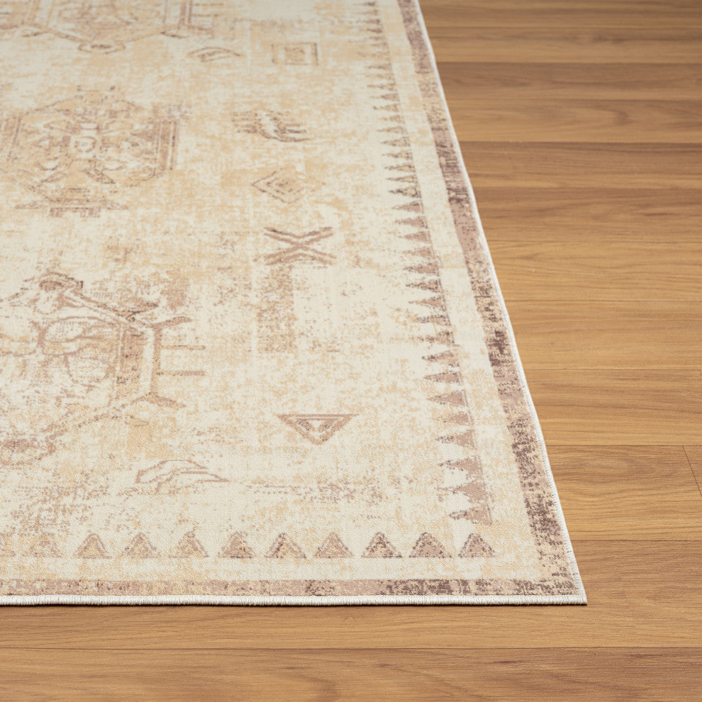 Ayla Beige Traditional Motif Waterproof Area Rug, 2' X 5'