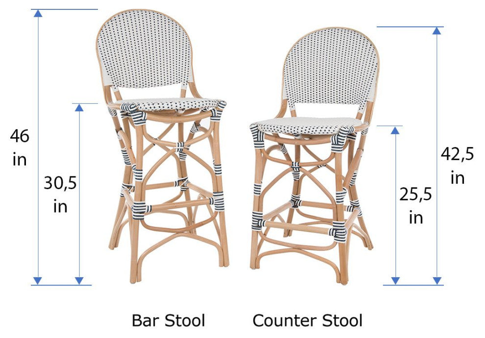 Rattan Bistro Bar Chair, White and Blue, Counterstool