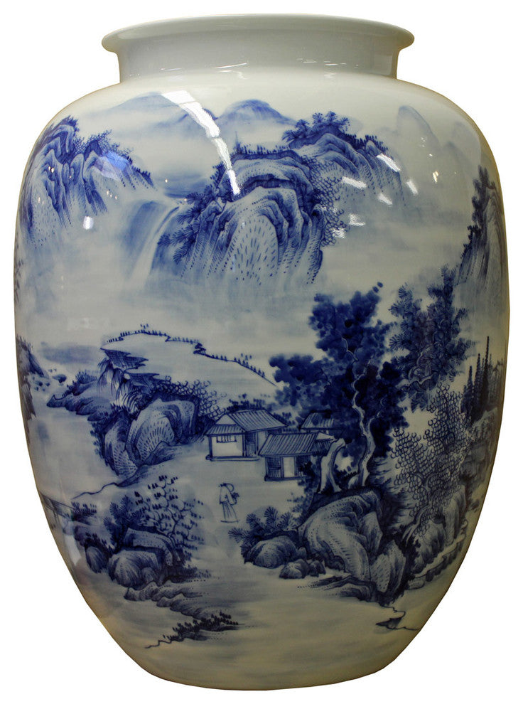 Chinese Blue and White Handpainted Mountain Tree Scenery Porcelain Vase cs2358