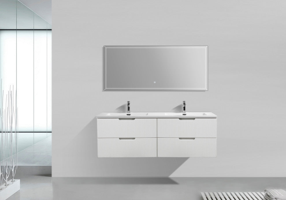 Themis Series White Wall Mount Vanity With A Integrated Sink, 60" Double