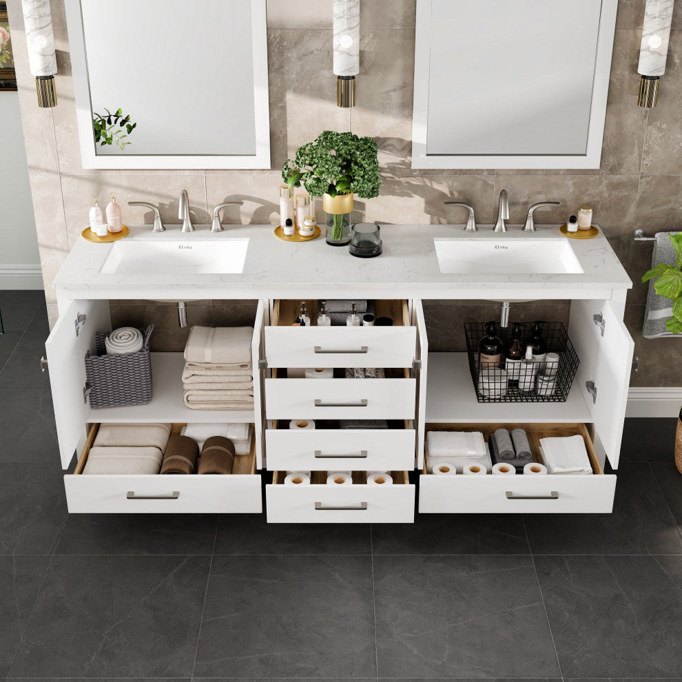 Eviva Aberdeen 78" White Double Sink, Quartz Top