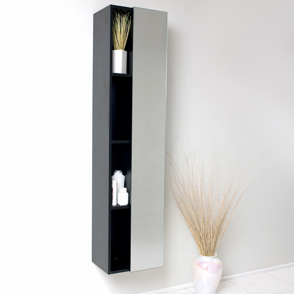 Fresca Black Bathroom Linen Side Cabinet, 4 Cubby Holes, Mirror