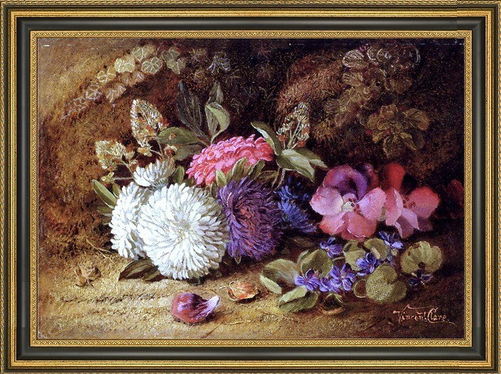 Vincent Clare Asters Pansies And Violets Framed Premium Canvas Print, 16"x24"