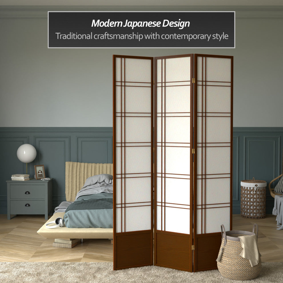 7' Tall Double Cross Shoji Screen, Walnut, 3 Panels
