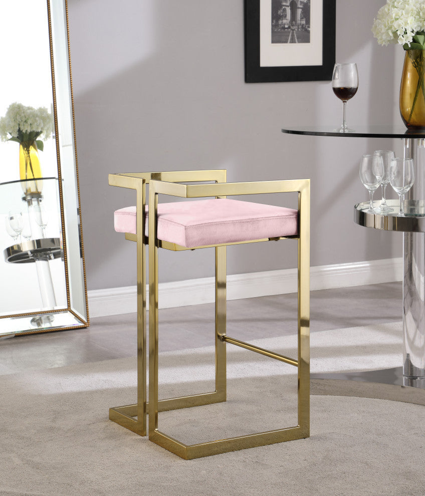 Ezra Counter Stool, Set of 2, Pink Velvet, Gold Base
